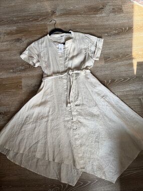 DKNY Natural Beige Tie-Waist Midi Dress